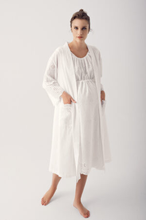 Short Nursing Compartment Ruffled Woven 100% Cotton Maternity Nightgown and Robe Set 14407