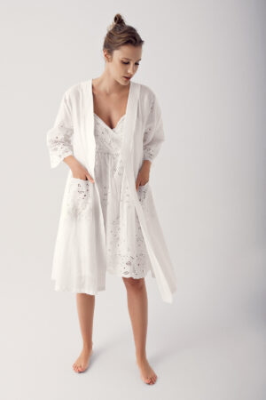 Short, Sleeveless, Frilled, Woven 100% Cotton Robe and Nightgown Set 14408