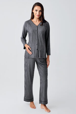Buttoned Long-Sleeved Stretch Viscose Maternity Pajama Set 15207