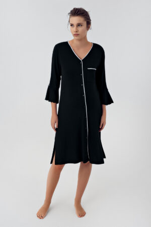 Buttoned Long-Sleeved Short Stretch Viscose Maternity Nightgown 16107