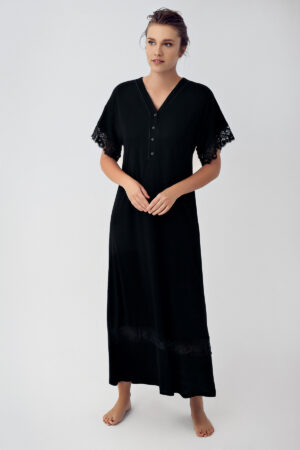 Buttoned Lace Short-Sleeved Stretch Viscose Nightgown 16111