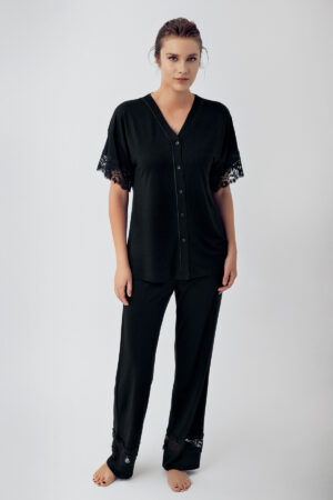 Buttoned Lace Short-Sleeved Stretch Viscose Pajama Set 16211