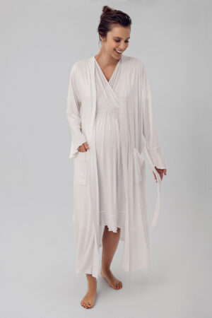 Short-Sleeved, Stretchy Lycra Viscose Maternity Robe and Nightgown Set 16409