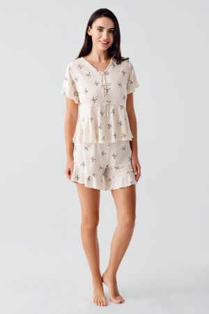 Bow Patterned Short-Sleeved Stretch Viscose Shorts Pajama Set 17205