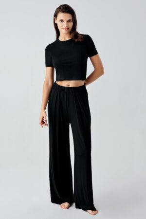 Short-Sleeved Crop Wide-Leg Stretch Viscose Pajama Set 17216