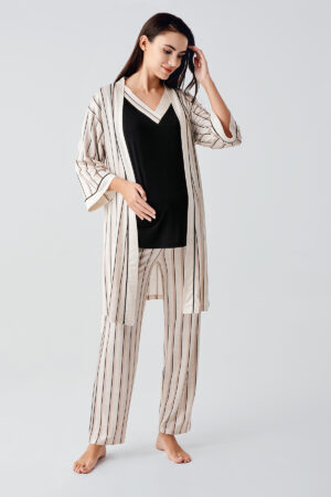 Short-Sleeved Striped Stretch Linen-Effect Viscose Maternity Robe Pajama Set 17302
