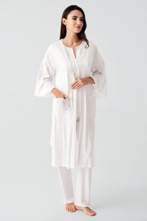 Short-Sleeved Buttoned Voile Detail Stretch Viscose Maternity Robe Pajama Set 17303