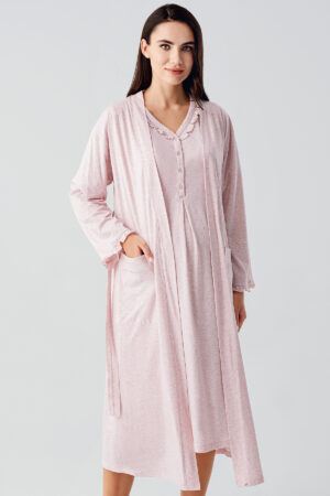 Short-Sleeved Buttoned Cotton Maternity Robe and Nightgown Set 17400