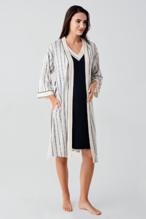 Short-Sleeved Striped Stretch Linen-Effect Viscose Maternity Robe and Nightgown Set 17402
