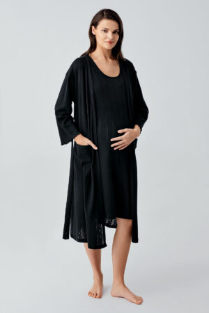 Thick Strapped Openwork Stretch Cotton Maternity Robe and Nightgown Set 17408