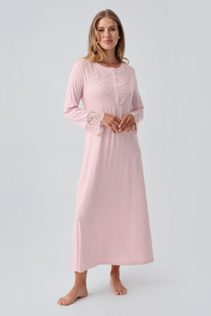 Long-Sleeved Lace Buttoned Stretch Viscose Nightgown 18105