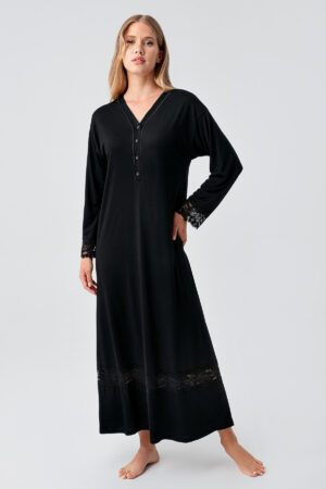 Long-Sleeved Lace Buttoned Stretch Viscose Nightgown 18106