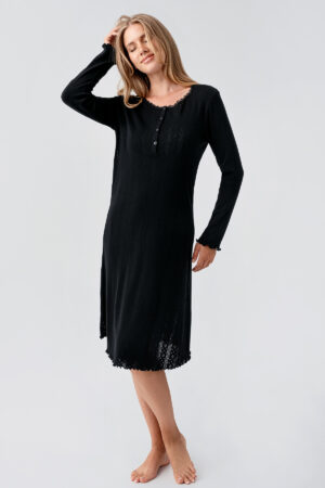 Long-Sleeved Buttoned Openwork Stretch Cotton Short Nightgown 18107