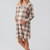 Thermal Long-Sleeved Button-Down Plaid Patterned Flexible Soft Textured Short Nightgown 18109