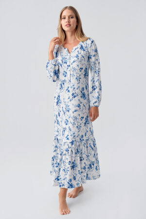 Thermal Long-Sleeved Buttoned Patterned Flexible Soft Textured Nightgown 18110