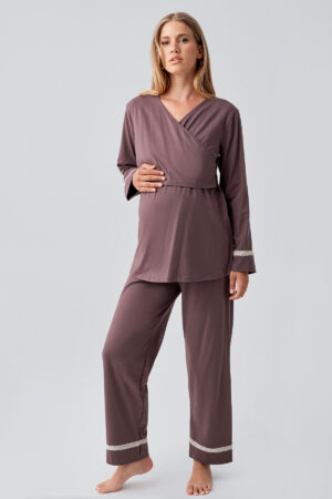 Long-Sleeved Stretch Cotton Maternity Pajama Set 18201