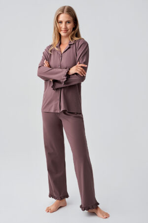 Long-Sleeved Buttoned Stretch Cotton Pajama Set 18203