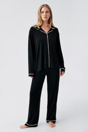 Long-Sleeved Buttoned Stretch Viscose Pajama Set 18207