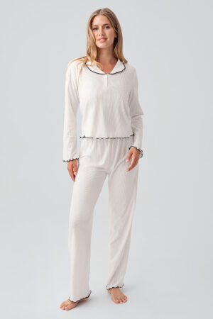 Long-sleeved, button-down, ruffle-stitched viscose pajama set 18212