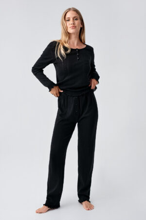 Long-sleeved openwork buttoned stretchy cotton pajama set 18213