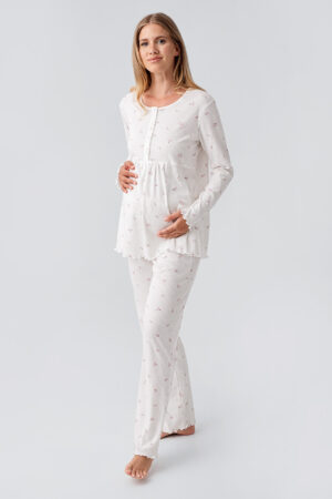 Long-Sleeved Patterned Buttoned Stretch Cotton Maternity Pajama Set 18218