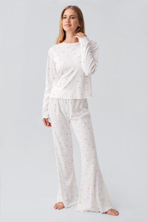 Long-Sleeved Patterned Stretch Cotton Pajama Set 18219
