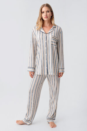 Long-Sleeved Striped Buttoned Stretch Viscose Pajama Set 18220