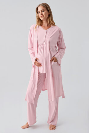 Long-Sleeved Buttoned Stretch Viscose Maternity Robe Pajama Set 18302