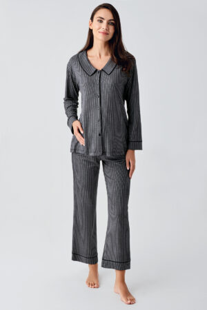 Baby Collar Buttoned Long Sleeve Maternity Pajama Set 22109