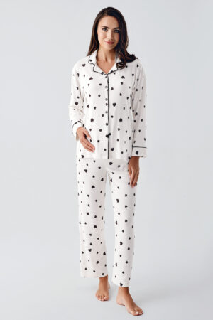 Thermal Fleece-Lined Long-Sleeved Buttoned Heart Patterned Flexible Soft Textured Maternity Pajama Set 22113
