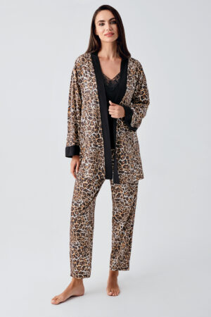 Strappy Lace Leopard Print Stretchy Robe Pajama Set 23107