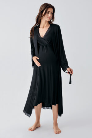 Long-Sleeved Lycra Viscose Maternity Nightgown and Robe Set 24102