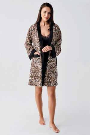 Strappy Lace Leopard Print Stretchy Robe and Nightgown Set 24107