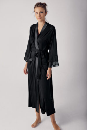 Women's Long Chiffon Satin Detail Long Sleeved Viscose Robe 8600