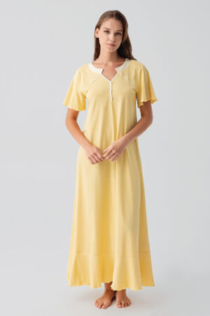 Short-Sleeved Buttoned Long 100% Cotton Nightgown 19100