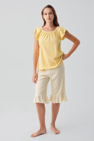 Short-sleeved, gingham pattern, 100% cotton capri pajama set 19200