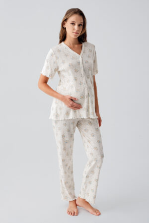 Short-sleeved, buttoned, floral, openwork 100% cotton maternity pajama set 19203