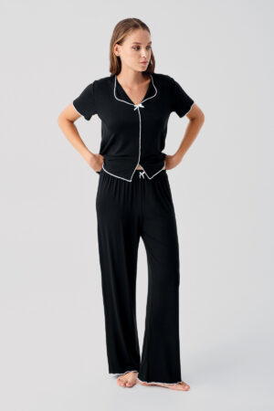 Short-Sleeved Bow Detail Stretch Viscose Pajama Set 19214
