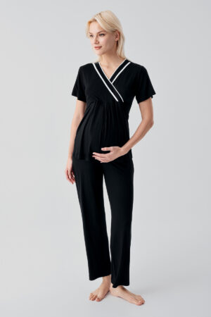 Short-Sleeved, Nursing Compartment, Adjustable Waist, Elastic Viscose Maternity Pajama Set 19217