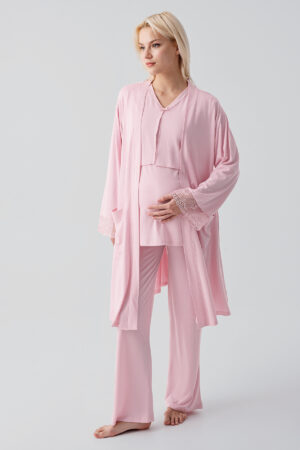 Truvakar Sleeveless Lace Buttoned Stretch Viscose Maternity Robe Pajama Set 19301